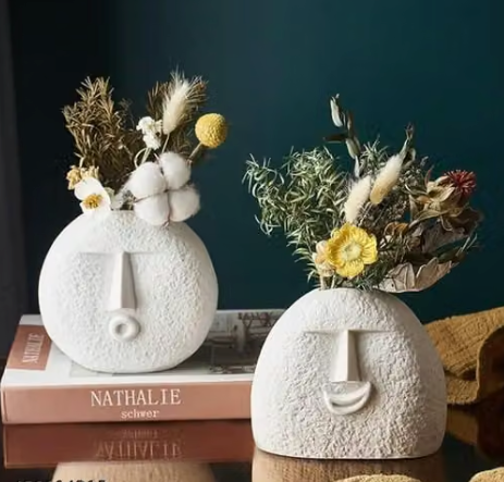 Muse Face Vase Duo — Textured White Ceramic