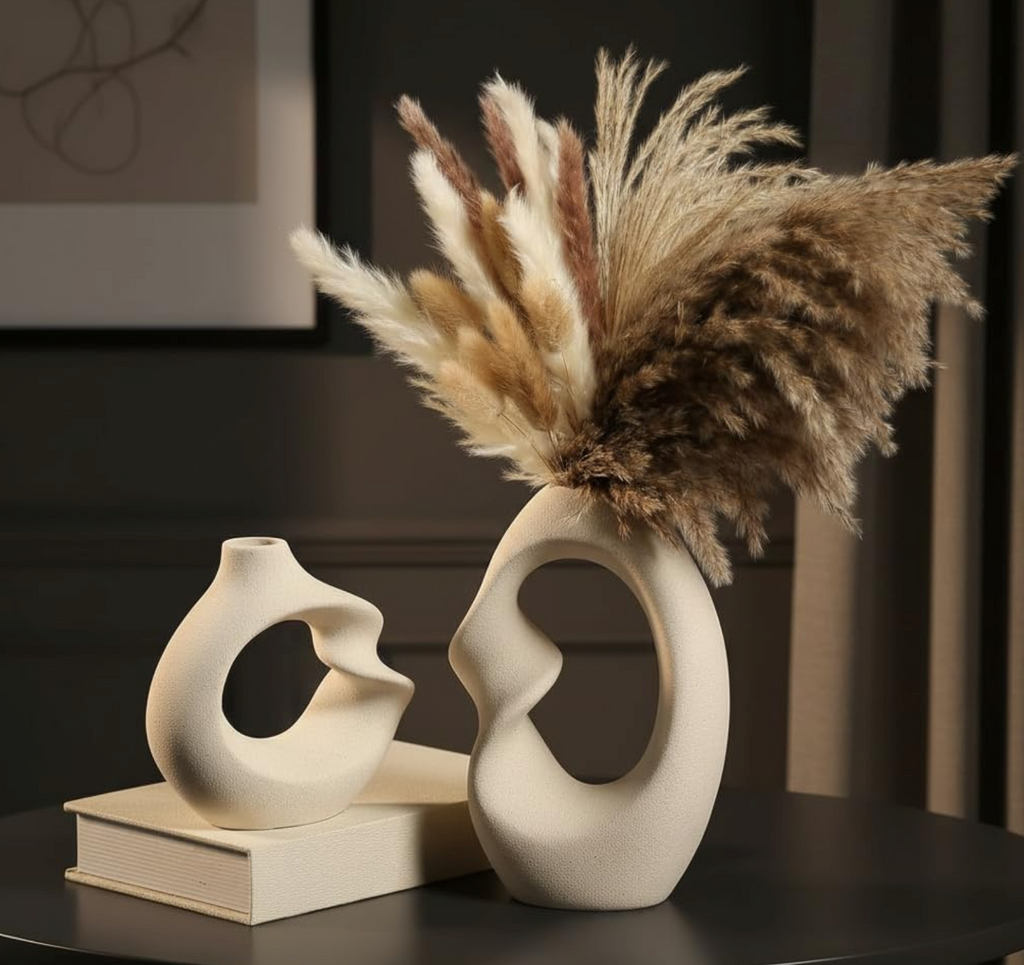 White Ceramic Donut Vase Set of 2 – Modern Decorative Vases for Dried Flowers & Pampas Grass