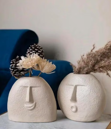 Muse Face Vase Duo — Textured White Ceramic