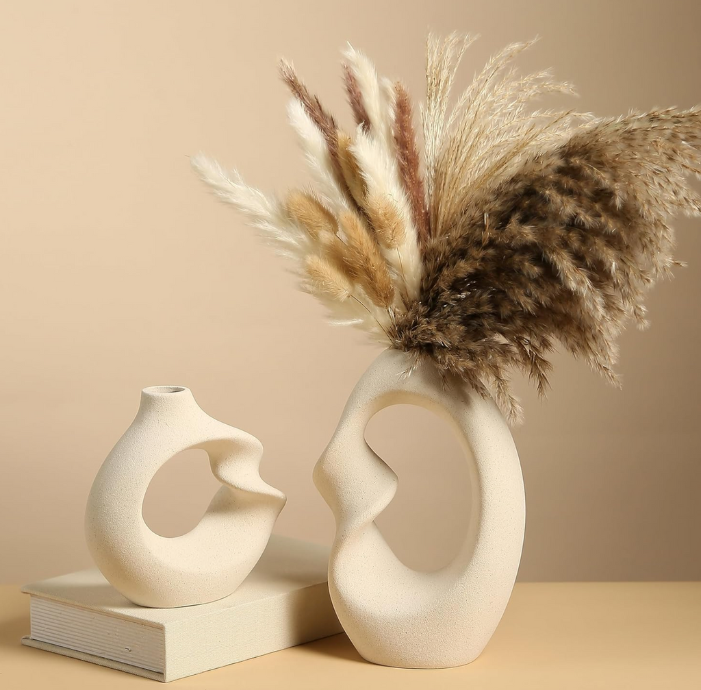 White Ceramic Donut Vase Set of 2 – Modern Decorative Vases for Dried Flowers & Pampas Grass