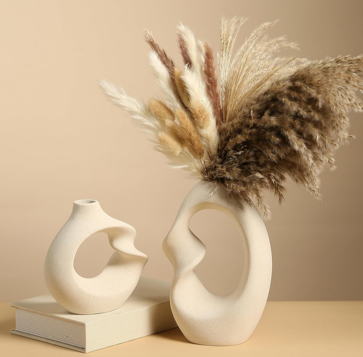 White Ceramic Donut Vase Set of 2 – Modern Decorative Vases for Dried Flowers & Pampas Grass