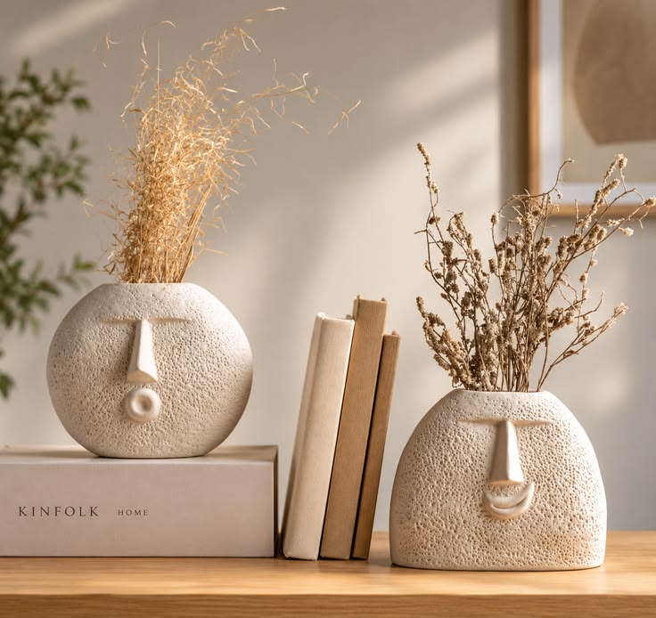 Muse Face Vase Duo — Textured White Ceramic