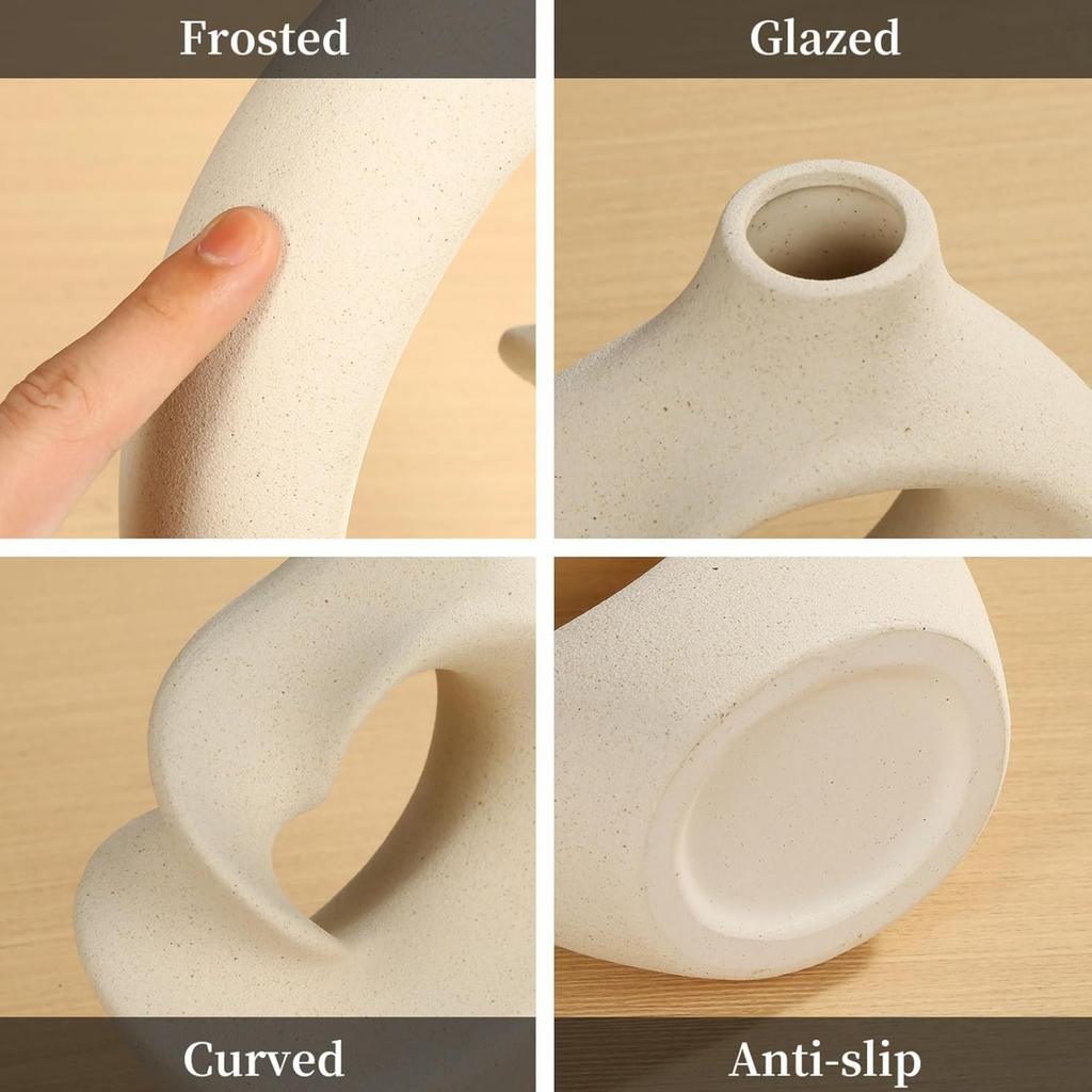 White Ceramic Donut Vase Set of 2 – Modern Decorative Vases for Dried Flowers & Pampas Grass