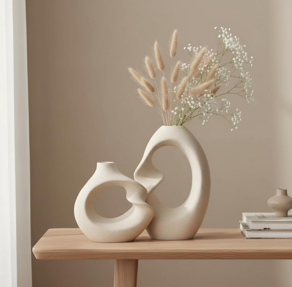 White Ceramic Donut Vase Set of 2 – Modern Decorative Vases for Dried Flowers & Pampas Grass