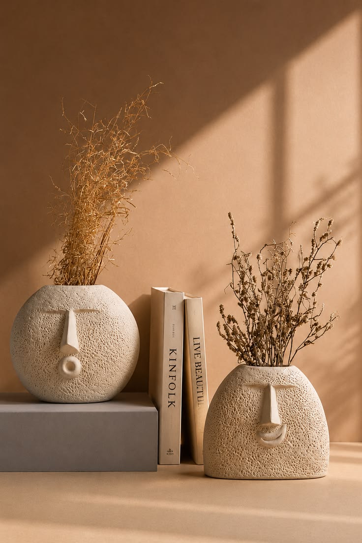 Muse Face Vase Duo — Textured White Ceramic
