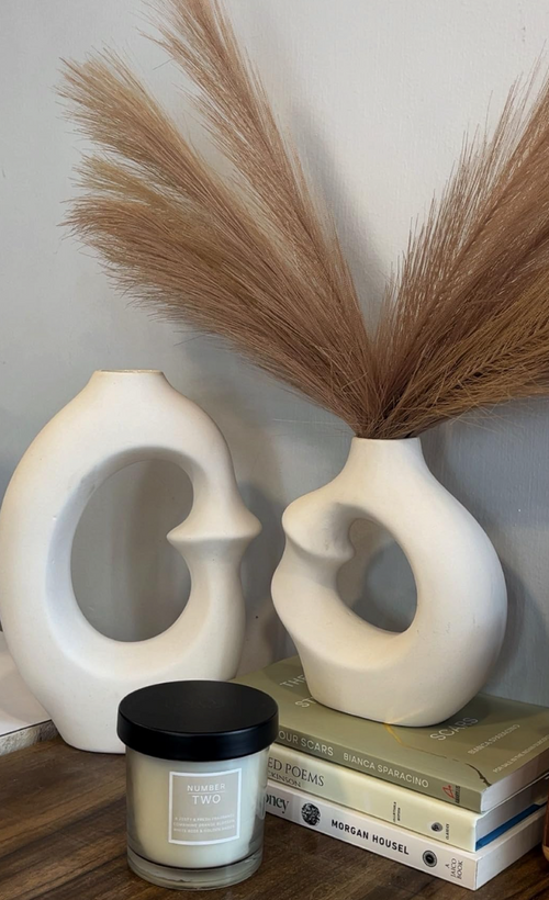 White Ceramic Donut Vase Set of 2 – Modern Decorative Vases for Dried Flowers & Pampas Grass